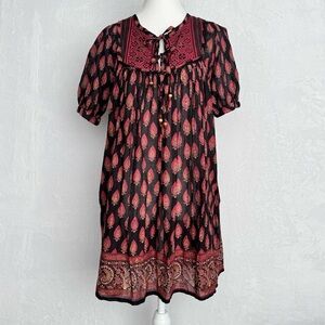 VINTAGE RAPSODIA Paisley Mini Dress Size XS‎ Black Red Short Sleeve Ethnic Boho